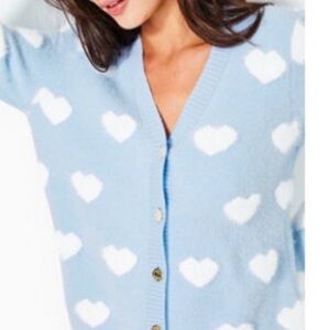 LILLY PULITZER KEANE CARDIGAN SIZE M BRAVA BLUE HEARTS JACQUARD MEDIUM
